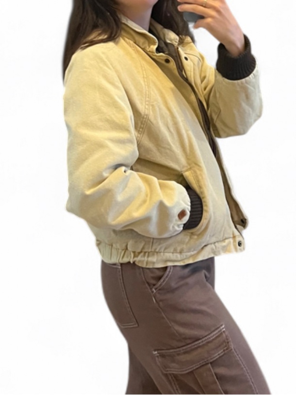 Obey Cream Canvas Bomber Jacket Corduroy Collar Brown Lining Short Women’s Sz M